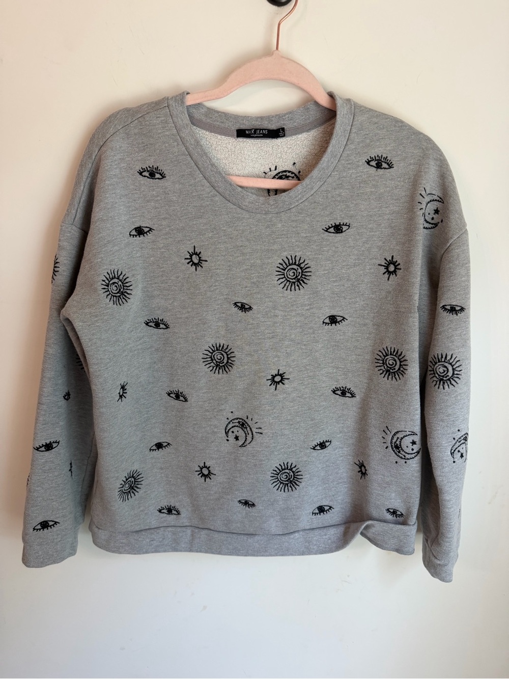 Grey Evil Eye Celestial Print Sweatshirt - Women Sweater L
